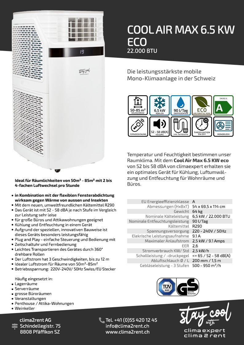Produktdatenblatt CoolAirMax 6.5 KW ECO Klimagerät