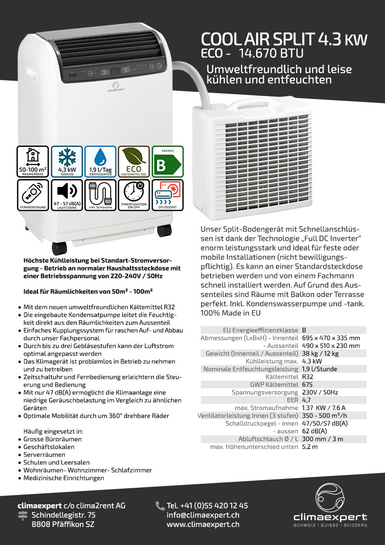 Technisches Datenblatt des Split-Klimageräts CoolAirSplit 4.3 kW mit Infos zu Kühlleistung, Energieeffizienzklasse, Geräuschpegel und Anwendungsmöglichkeiten