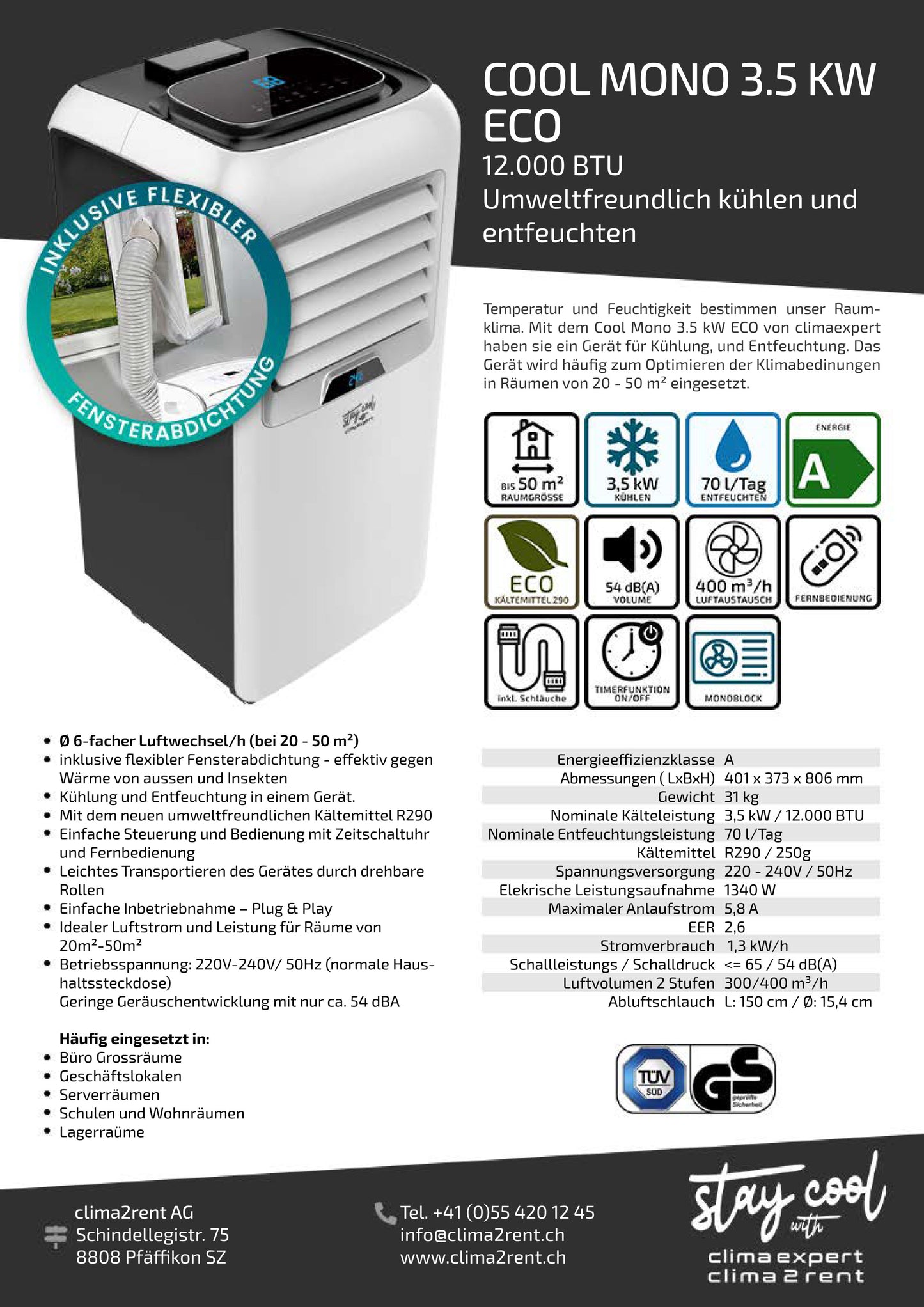 CoolMono 3.5 kW ECO Klimagerät mit Fensterkit und Produktdetails zur Kühlung und Entfeuchtung in der Schweiz