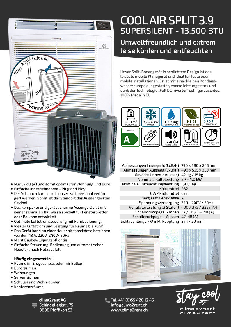 Produktflyer CoolAir Split 3.9 kW mit allen Spezifikationen