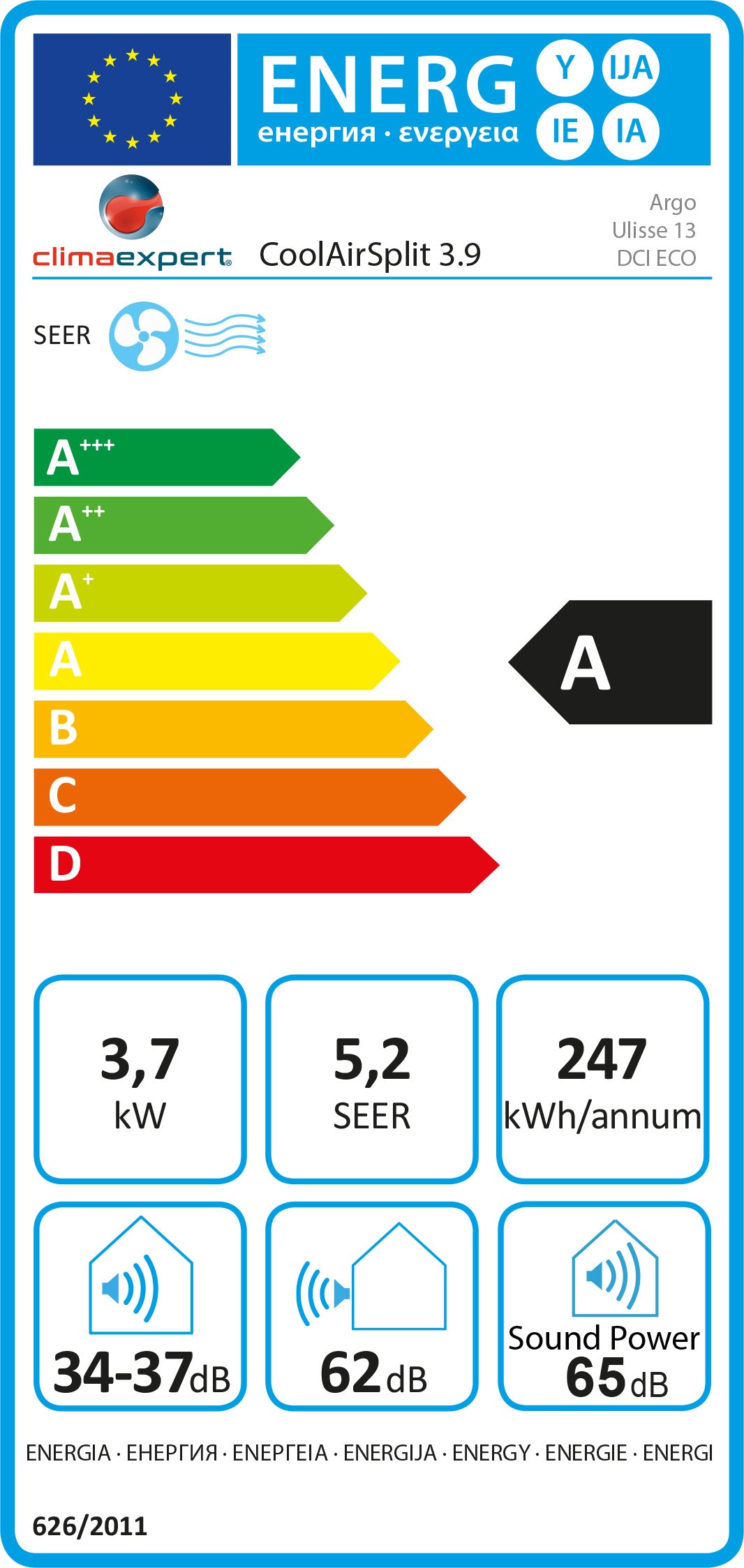 Energielabel für CoolAir Split 3.9 kW – Effizienzklasse A