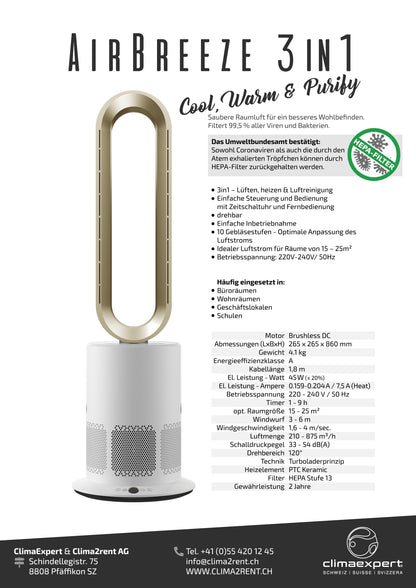 AirBreeze "3in1" - Purificateur d'air / Refroidir, chauffer et purifier 