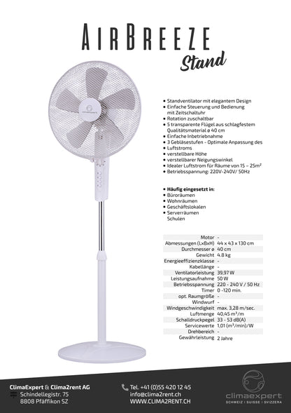 Produktdatenblatt des Standventilators AirBreeze mit technischen Details, Anwendungsbereichen und Herstellerinformationen