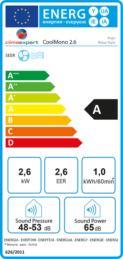 Energieetikette des CoolMono 2.6 kW Klimageräts – Klasse A, 2.6 kW Kühlleistung, für den Schweizer Markt